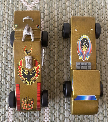 VTG Pinewood Derby Cars Lot of 2 Gold Custom Hand-Built Racing Cars BSA Wheels
