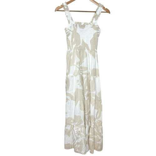 Gap Linen Tiered Maxi Dress Tan Floral Womens Small Ruffled Peasant Sundress