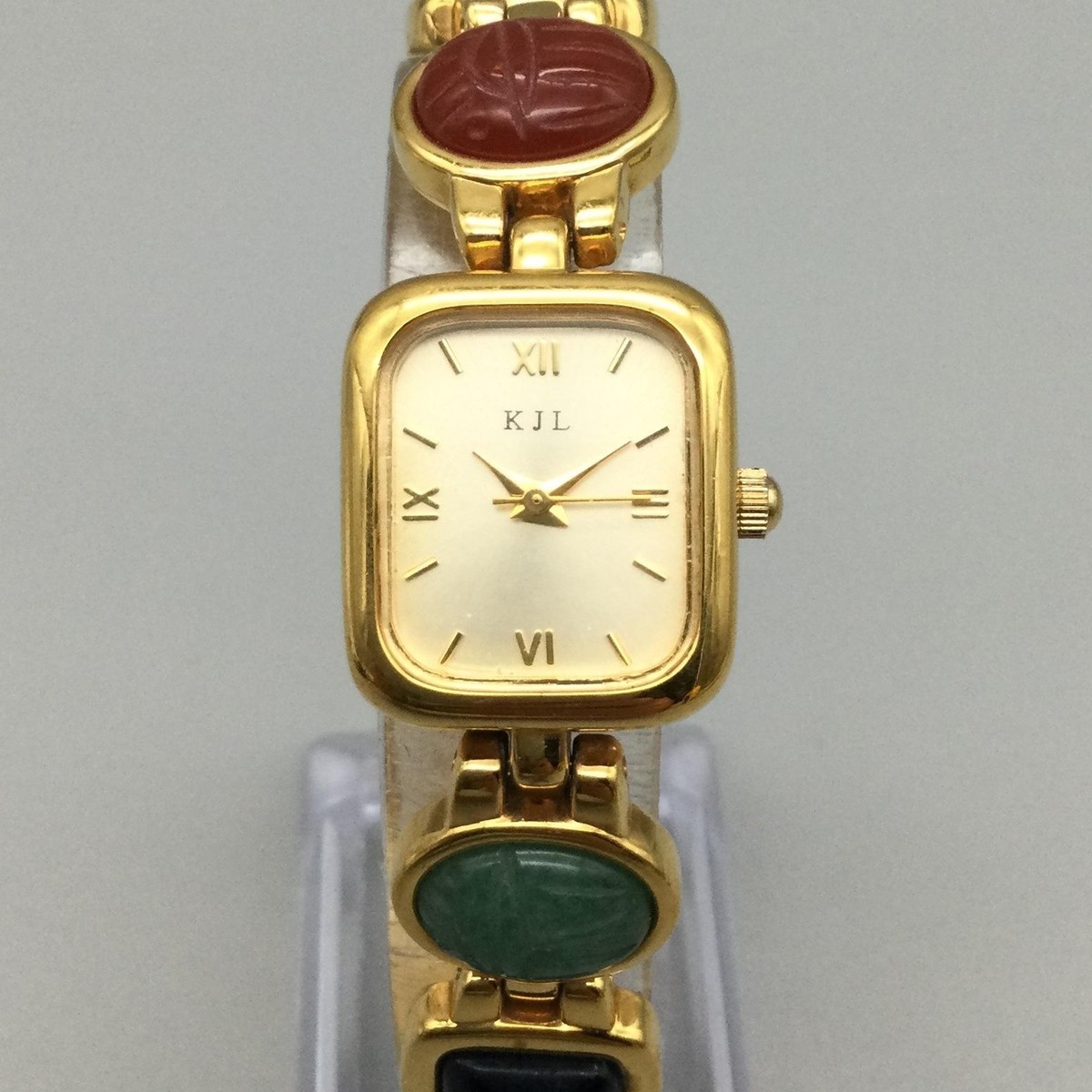 Vintage gold tone Kenneth Jay Lane watch with multicolored scarab stone band Vintage KJL Kenneth Jay Lane High End Designer Scarab Quartz  main image 2