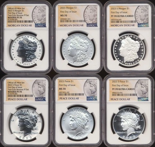 2023 Morgan & Peace Dollar 6 Coin Set- NGC MS70/PR70 Ultra Cameo/Rev PF 70- FDOI
