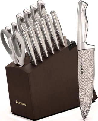 Knife Set, Astercook 15 Pcs Knife Sets for Kitchen with Block, Dishwasher Safe K