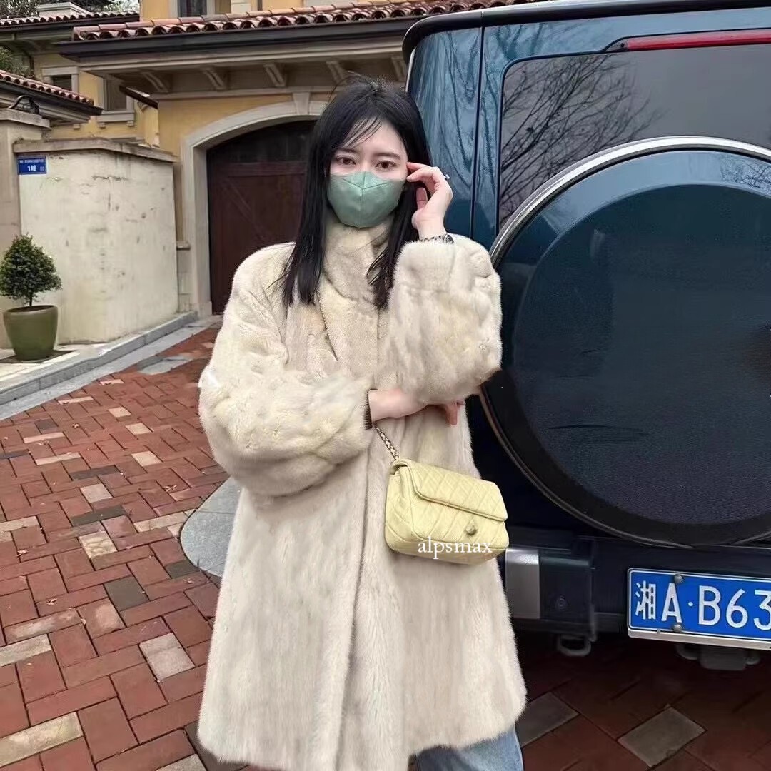 Women's Stand Collar Mid Long Coat Overcoat Faux Mink Fur Outwear Winter Fashion