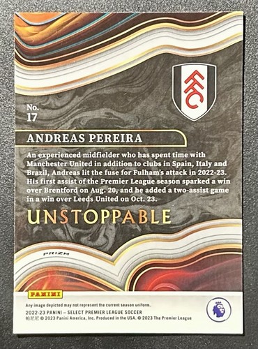 2022-23 Panini Select Premier League - Unstoppable Andreas Pereira #17 - Afbeelding 2 van 2