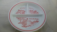 Vintage Vitrock Milk Glass Little Bo Peep Child  s Dish 3-Section Red/White