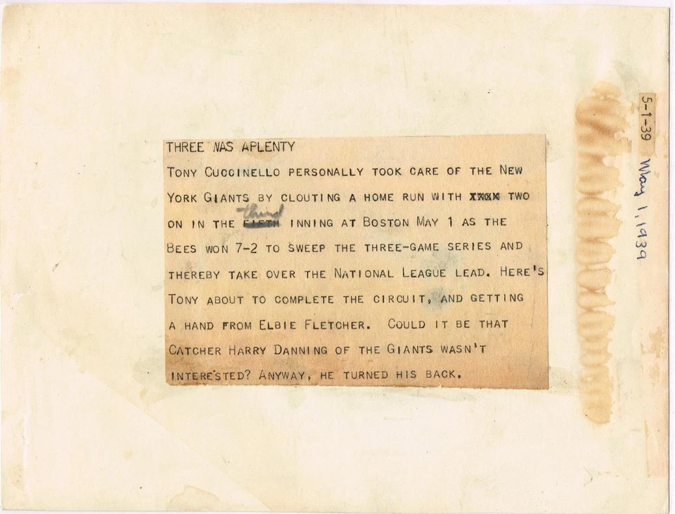 Original Autograph JSA of Tony Cuccinello and Elbie Fletcher of the Boston Bees - Image 2 of 3