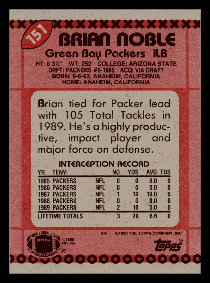 1990 Topps Brian Noble Green Bay Packers #151 Centered Mint - Image 2 of 2