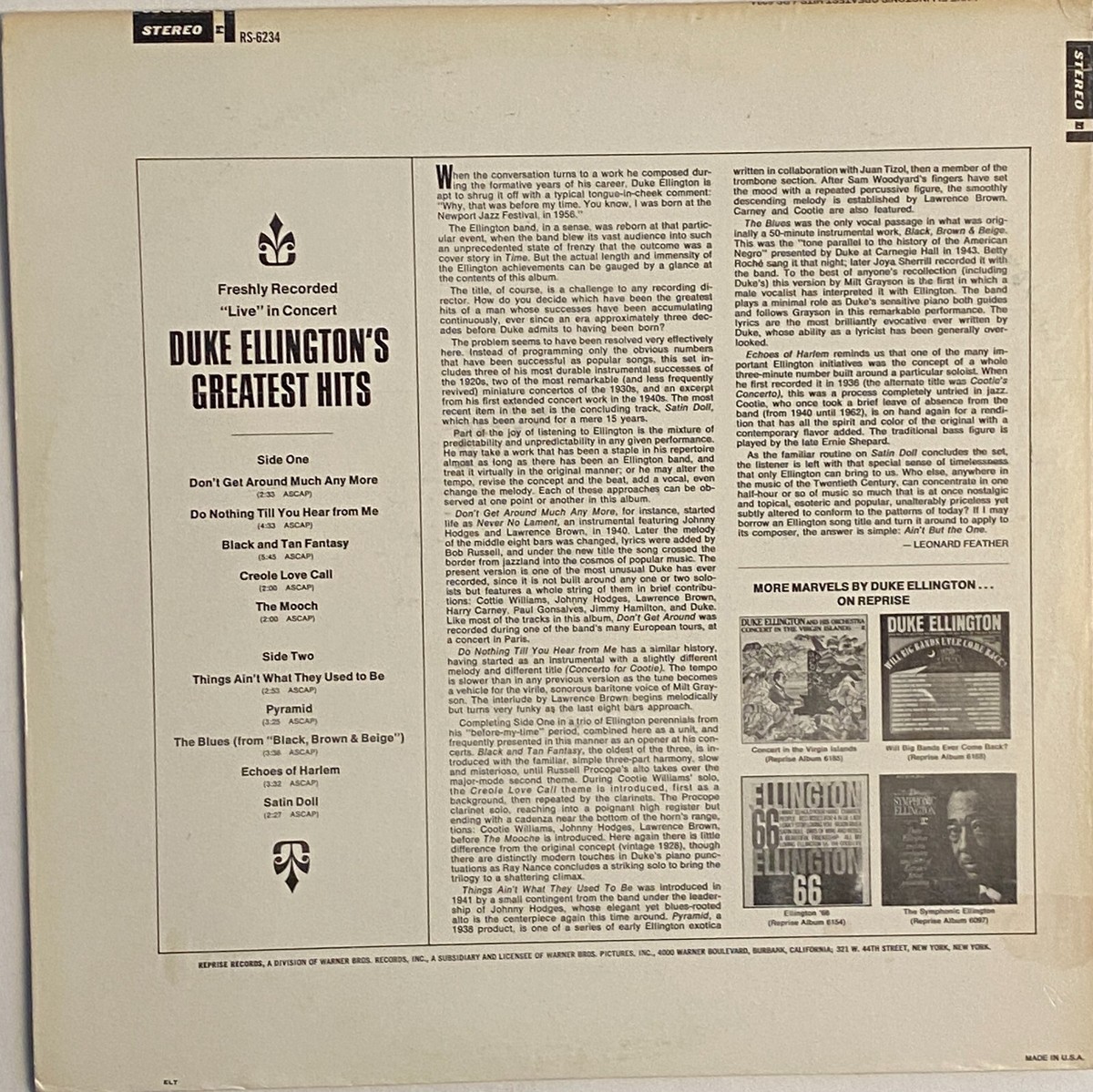 Duke Ellington's Greatest Hits 1967 Reprise RS 6234 Jazz, Big Band