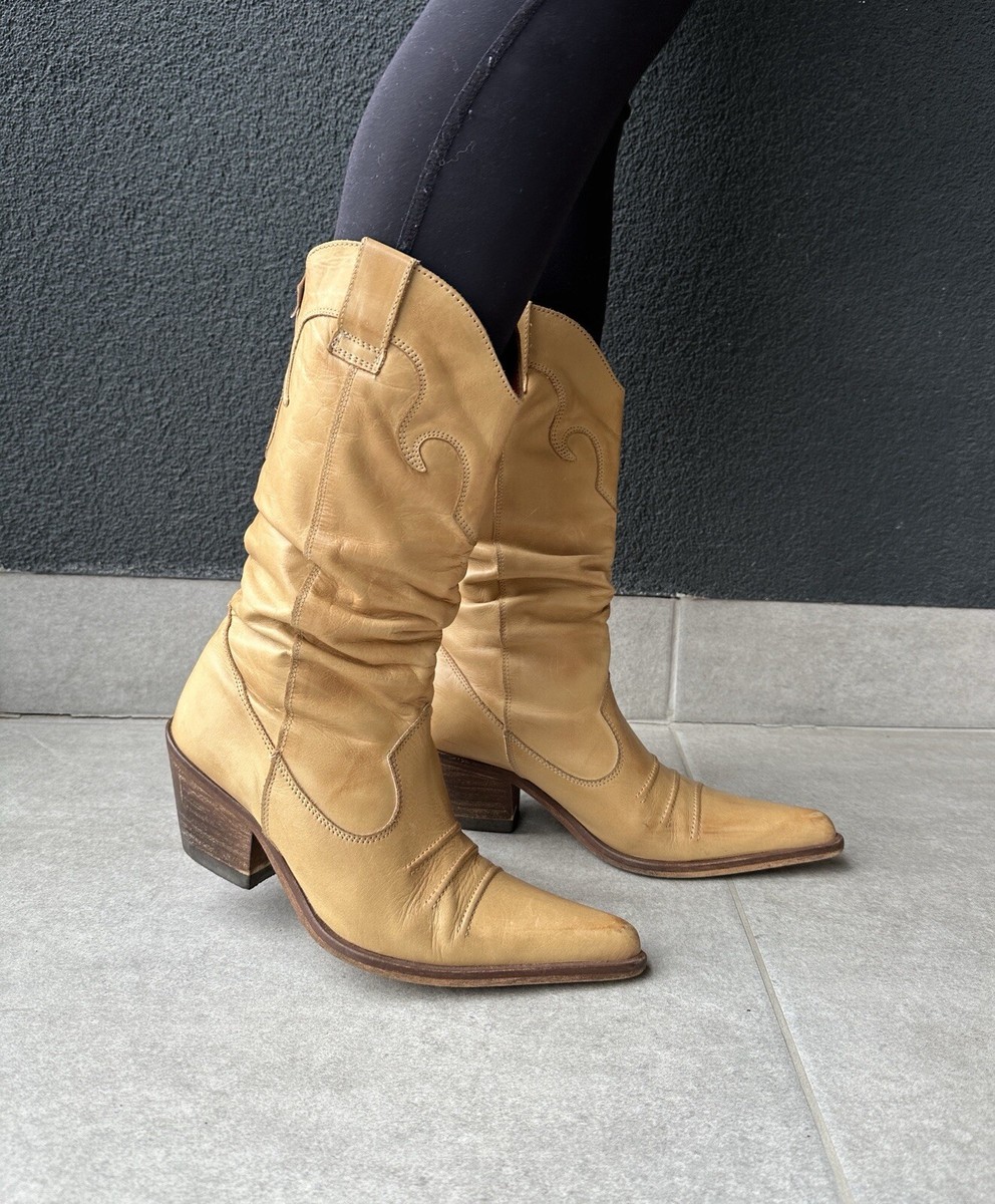 Vintage SixtySeven Cowboy Beige Y2K Leather Boots Festival Size 37