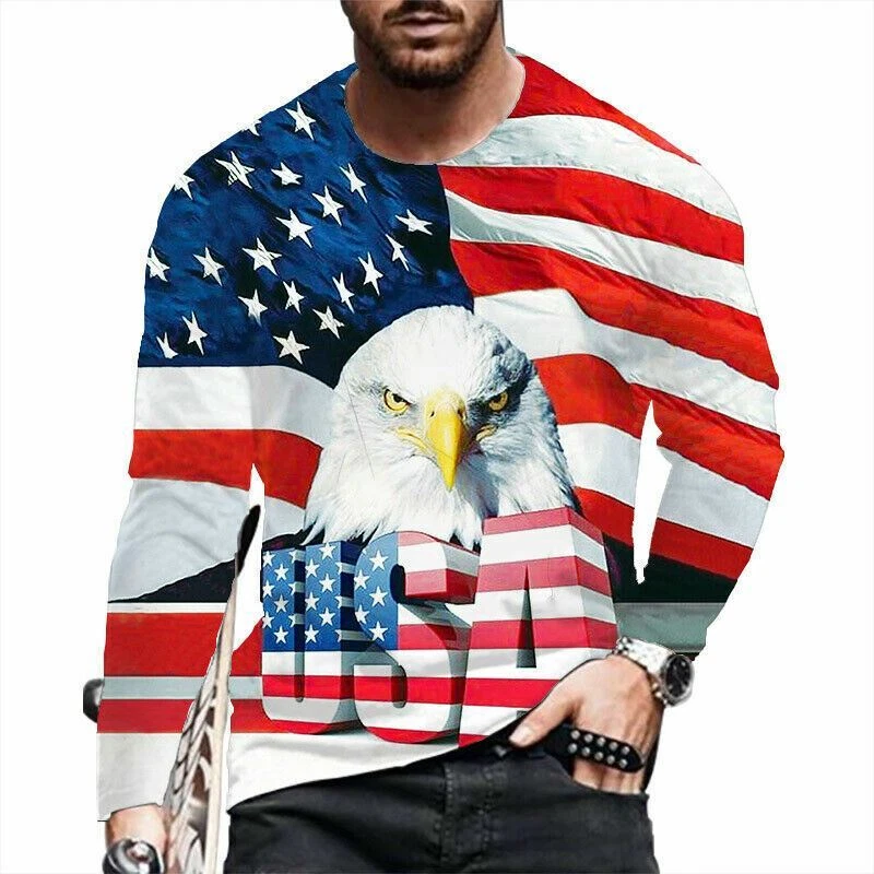 T Shirts Men American USA Flag Eagle Patriotic Long Sleeve Fashion Classic Silky