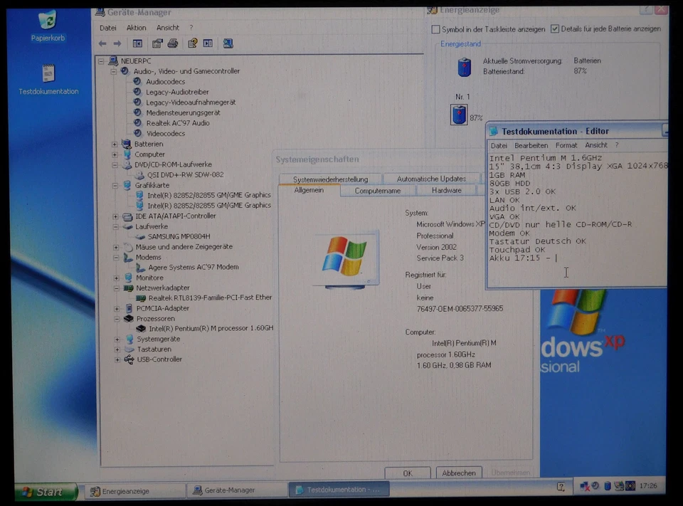 15" Laptop Notebook Acer Extensa 2350 Pentium M 1,6 GHz 80GB 1GB Win XP 40m Akku - Bild 2 von 4