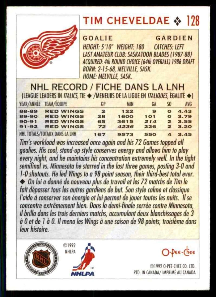 1992-93 O-Pee-Chee Premier Tim Cheveldae #128 - Image 2 of 2