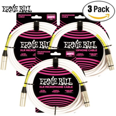 3-PACK Ernie Ball 6389 20FT XLRM to XLRF Ultra Durable Microphone Cable White