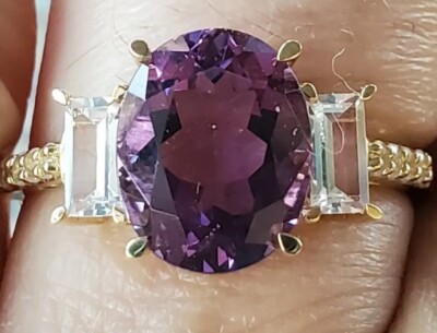 Amethyst W/2 White Sapphire Emerald &Round CutsCreated Ring 10ktSolidYellowGold 
