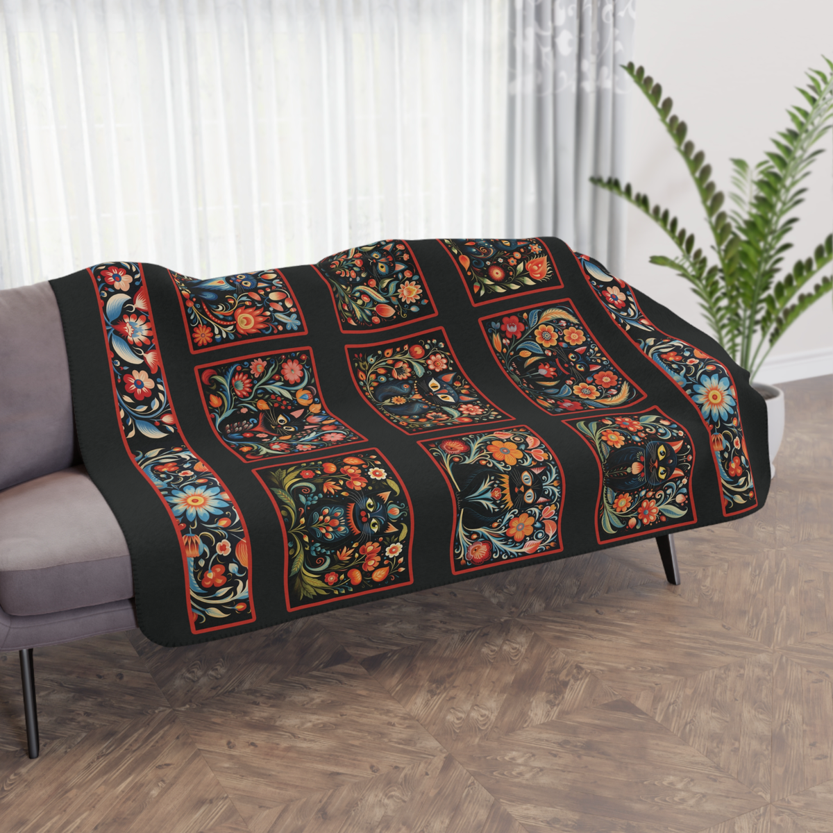 Scandi Folk Art Black Cat Blanket, Scandinavian Rosemaling Design Minky  Sherpa