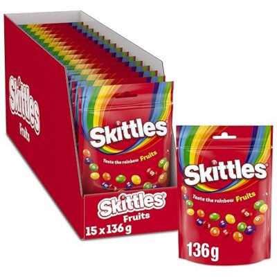 SKITTLES Fruits 15x136g, Kaubonbons mit Ananas, Mandarine, Kirsche und weitere
