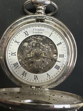 Picador London Skeleton Pocket Watch Silver Tone Mechanical Roman Dial