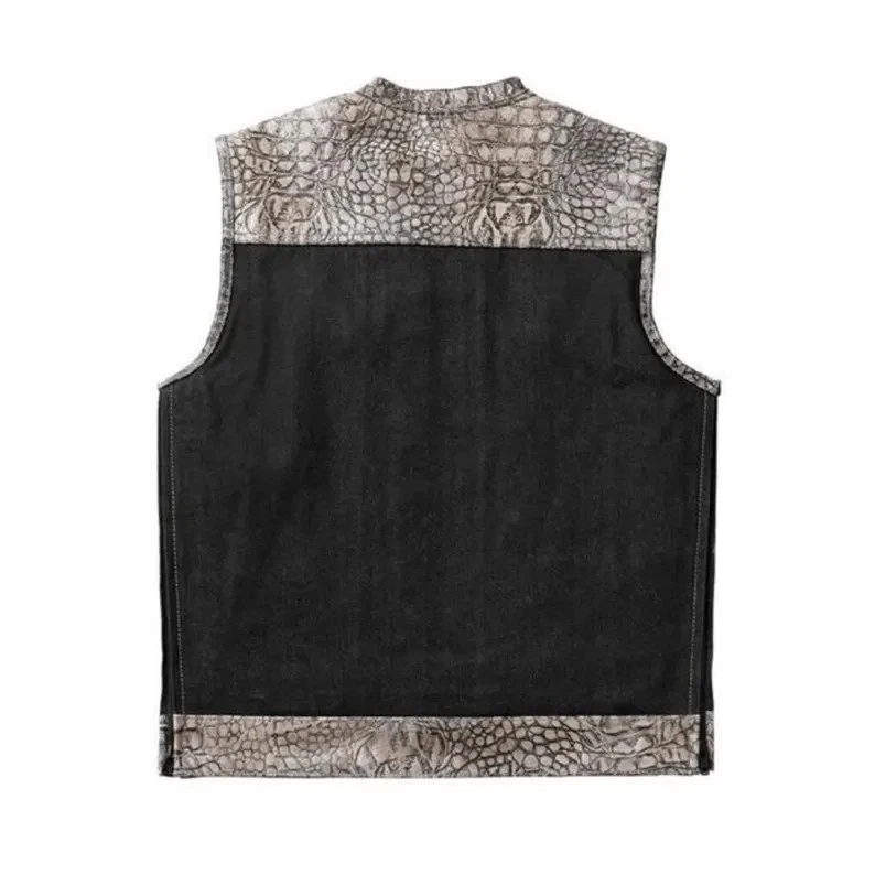 Chaleco de Motocicleta de Cuero Cera Gris Cocodrilo Negro Denim Motociclista Estilo Club Hombres Foto 2 de 4