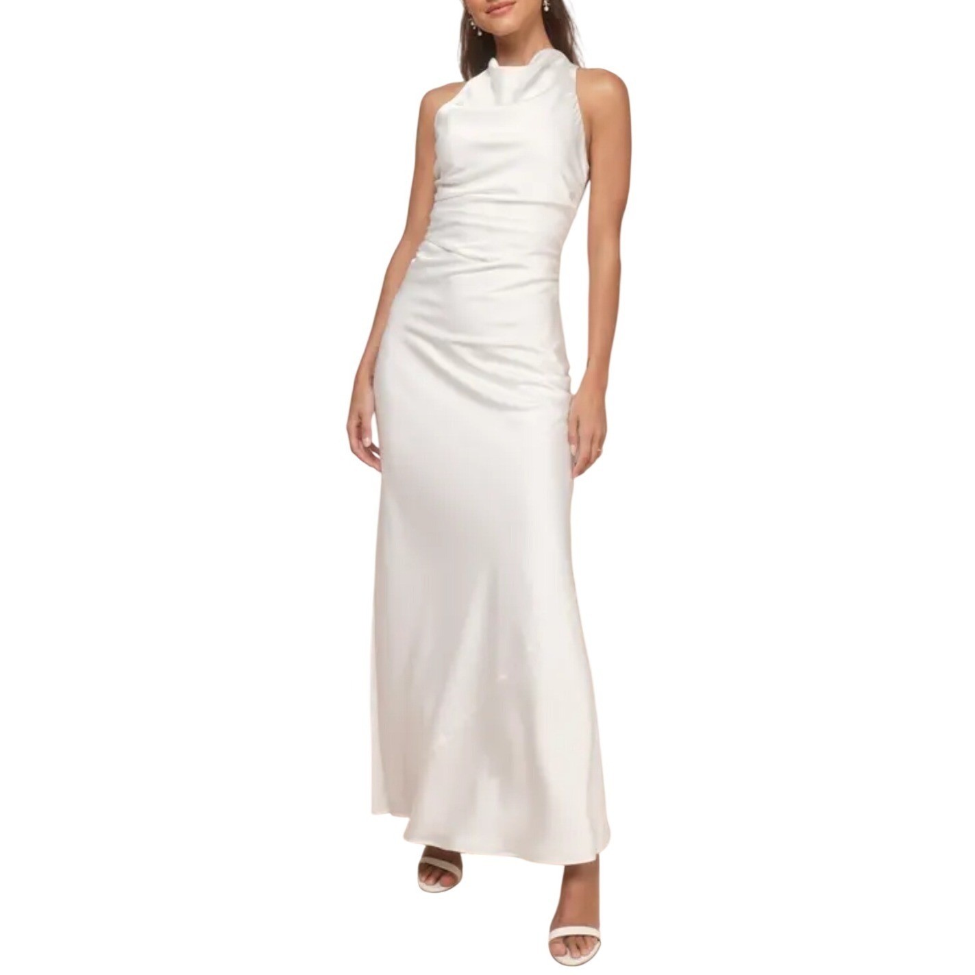 NWT Lulus Effortlessly Sensational White Satin Backless Maxi Dress L Cowl Neck
