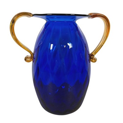 Blenko Cobalt Blue Optic Honeycomb Pitcher Amber Handles 9.5'' MCM USA