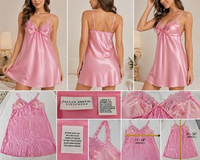 Jaclyn Smith Pink Satin Nightgown Slip Dress Women s Size L Lace Trim