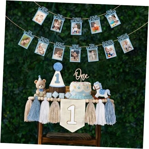 Baby Boy First Birthday Decorations with 0-12 Month 1st Birthday Photo Blue