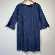 Talbots Womens 10P Dark Blue Denim Flounce Sleeve Shift Dress Knee Length Casual
