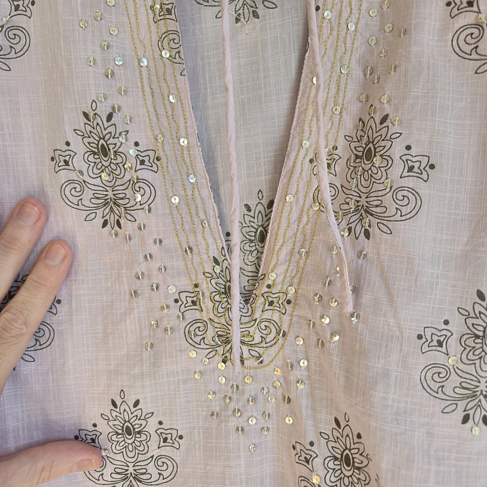 Top De Colección Y2K Antiguo Azul Marino Para Mujer XL Campesino Lentejuelas Bordado Boho Rosa Pastel Foto 3 de 4