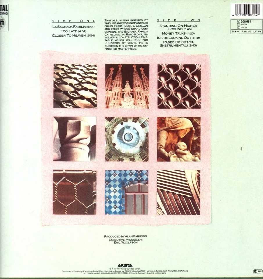 Alan Parsons Project Gaudi LP vinyl Germany Arista 1987 with inner which has - Image 2 of 4