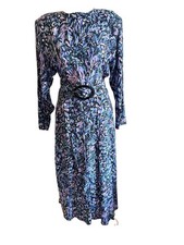 Vtg 80s Express Cool Tone Floral Belt Dress Cottagecore Sz 10 Made In USA