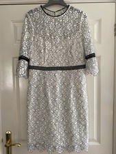 HOBBS Ladies White & Black Lace 3/4 Sleeve Occasion /Wedding Dress, Size 14 - VG