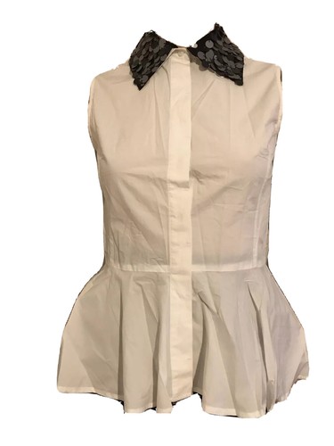 H&M TREND 100% WHITE COTTON SEQUIN COLLAR PEPLUM SHIRT TOP UK 8 EU 34 SMALL BNWT - Picture 2 of 10