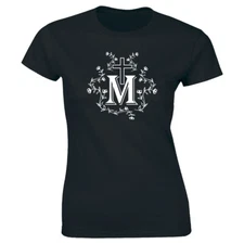 Blessed Virgin Mary Marian Cross with Florals T-Shirt for Women Catholic Tee