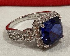 CN D 925 SIGNED Sterling Silver Blue Cubic Zirconia COCKTAIL RING SIZE 6.75