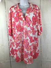 Simply Southern Pink Sarasota Hibiscus Floral 3/4 Tab Sleeve Tunic Top Sz. L