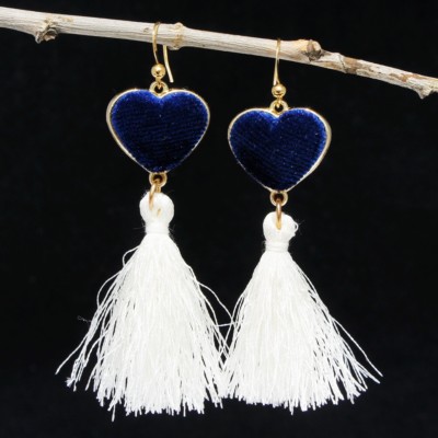 Fashion 18K Gold Plated Handmade Blue Velvet Heart-sharped Drop Tassel Earrings