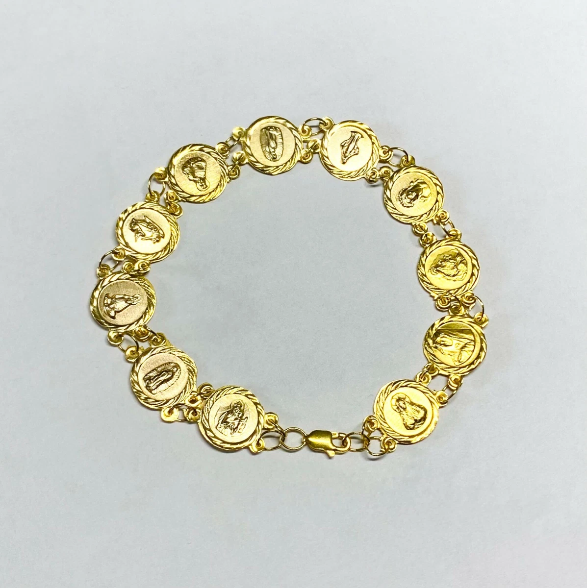 14 Karat Yellow Gold Traditional Catholic Saints Medal Bracelet 7.25