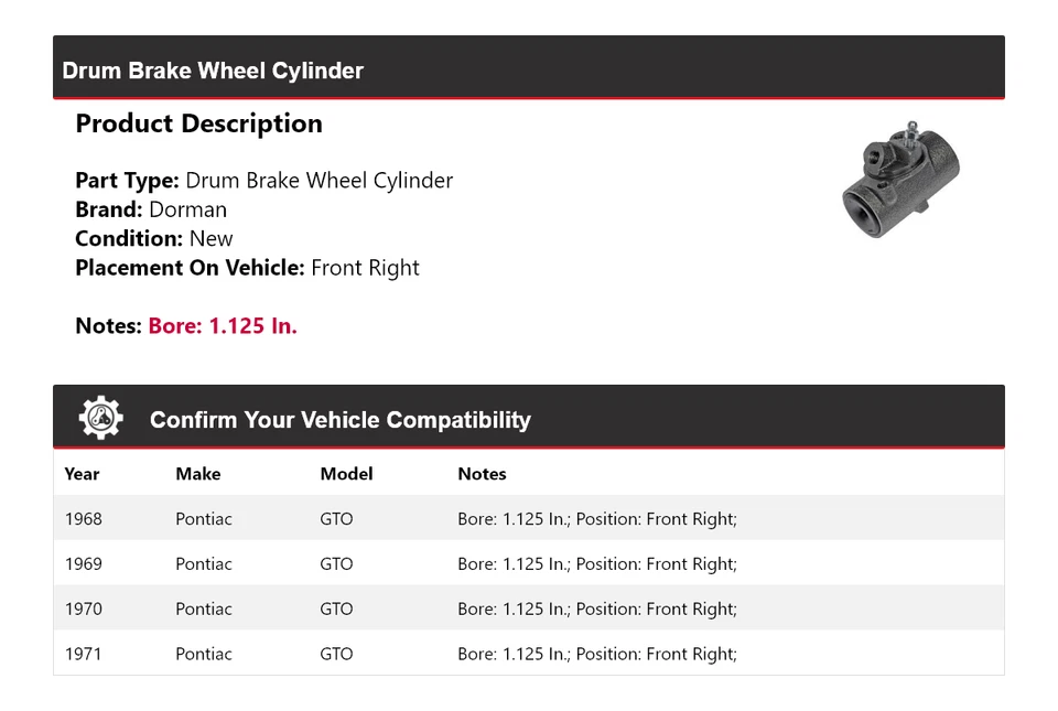 Cilindro de rueda de freno de tambor delantero derecho Pontiac GTO Dorman 1968-1971 1969 1970 Foto 2 de 4