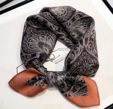 100% Silk 20" small Scarf Women neckerchief Wrap floral brown