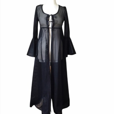 Small RedBalls on Fire Black Gothic Mesh Duster robe sexy jacket overcoat punk