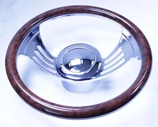 14" Chrome Steering Wheel w/Simulated Wood Wrap & 9 Hole Adapter & Horn Button