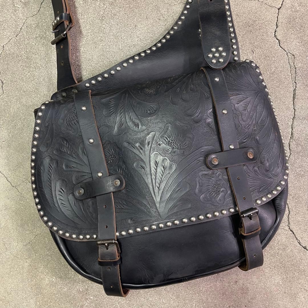 RRL Ralph Lauren Leather Carving Saddle Bag Black 31x37x7cm Japan