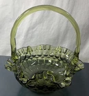 Fenton Thumb Print Glass Basket w/ Handle Colonial Green Ruffled Rim - 8.5" VTG