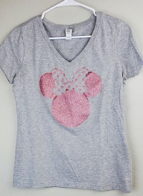 Women's Size Small Minnie Mouse Glitter T-Shirt Pink & Gray Disney V-Neck