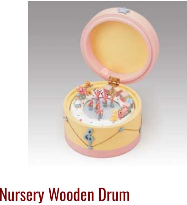 Rare Animated Music box Colorful Wooden Drum Plays Brahm’s Lullaby Baby Gift