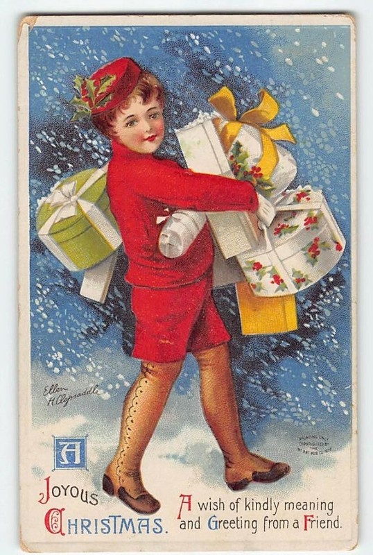 Antique Greetings JOYOUS CHRISTMAS Boy & Presents Clapsaddle Art 1912 Postcard