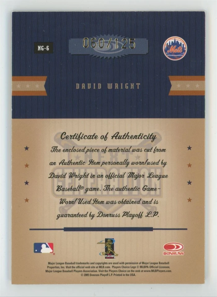 Camiseta deportiva David Wright 2005 Donruss Prime Patches Next Generation Auto/125 #NG-6 Foto 2 de 3