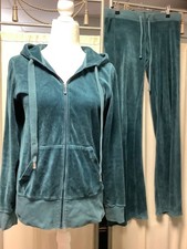 Juicy Couture 90s Teal Velour Zip Up Hoodie Straight Leg Low Rise Pants 34 x 33