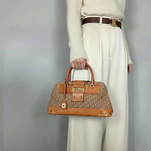 DIOR Street Chic Hand Bag Beige Canvas Leather