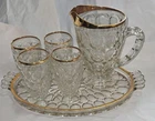 Vintage Jeanette Thumbprint Pattern Glass And Gold Trim Tray Pitcher And...