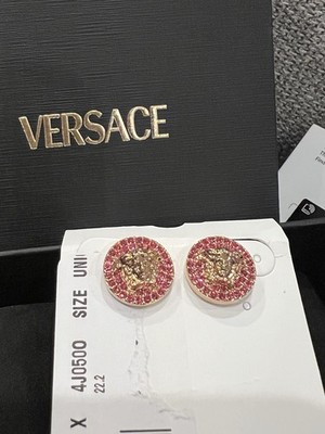 New Versace Gold and Pink Fuchsia Diamanté Medusa Stud Earrings